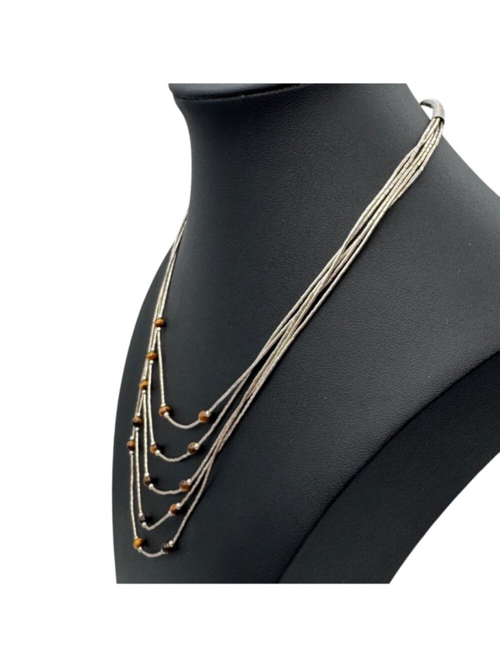 Multi-Strand Liquid Silver Necklace and Earrings Set 4mm Tiger's Eye - 20" - Picture 6 of 14